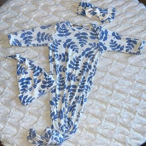 Spearmint Love|| Blue Ingido Fern Leaf Knot Gown + Bow + Beanie Hat